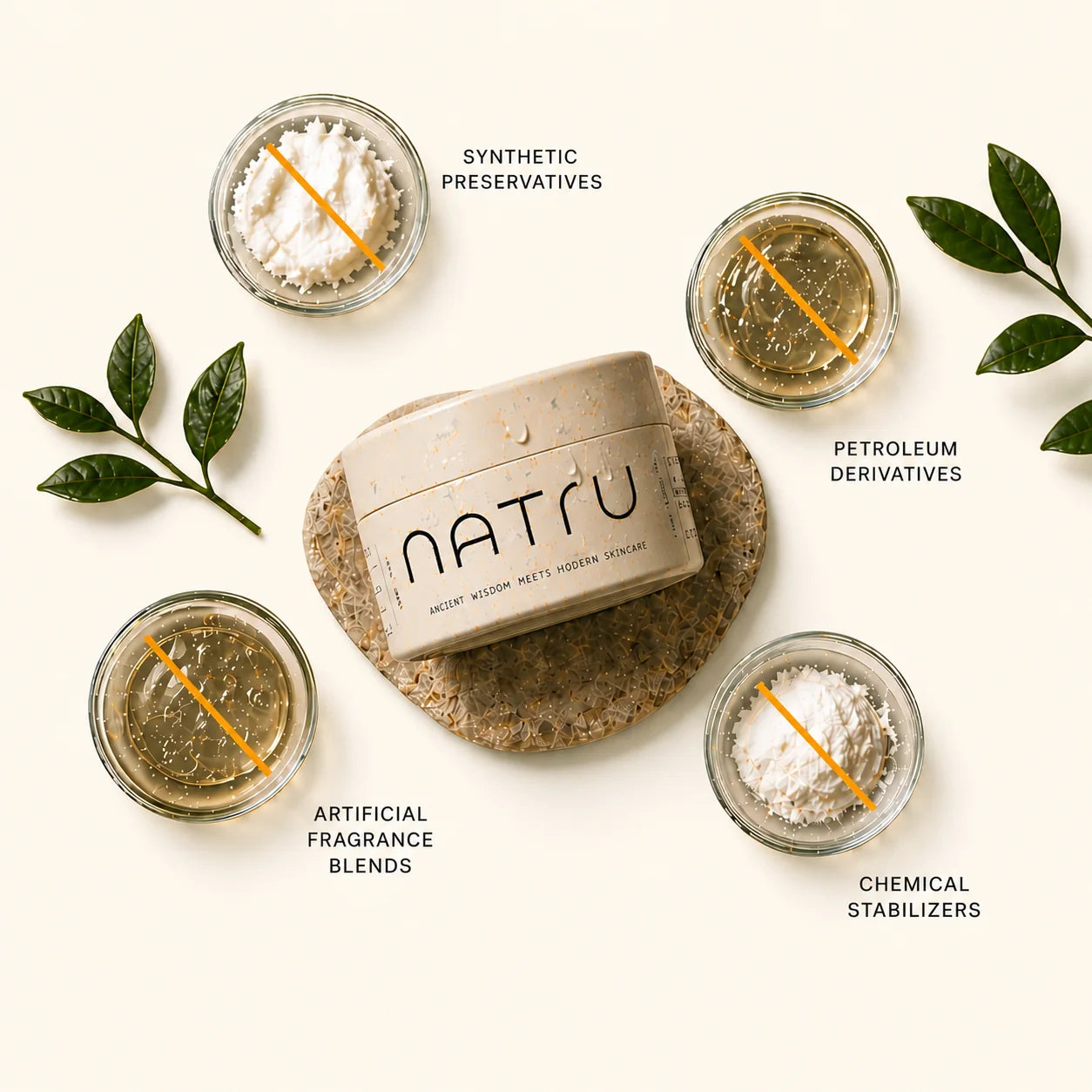 A Natru jar surrounded by dishes labeled synthetic preservatives, petroleum derivatives, artificial fragrance blends, and chemical stabilizers